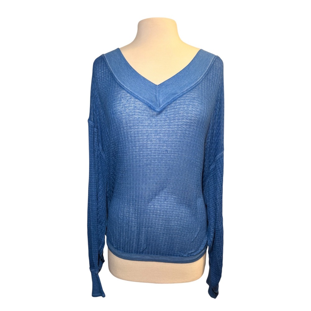 We The Free Free People Blue Waffle Knit V-Neck Long Sleeve Thermal Top Medium